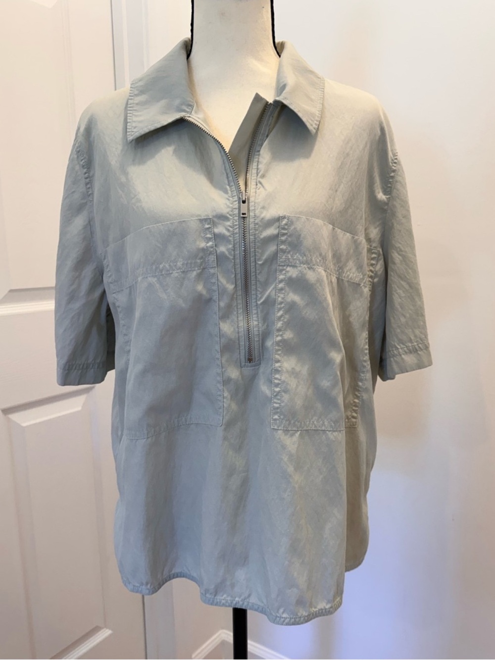 COS Sage Green Gray Half Zip Collared Short Sleeve Top Size 10 Utility Shirt - Picture 11 of 11